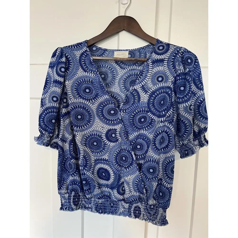 Melloday Women's Smocked Wrap Top Blue Floral Large - Picture 4 of 9
